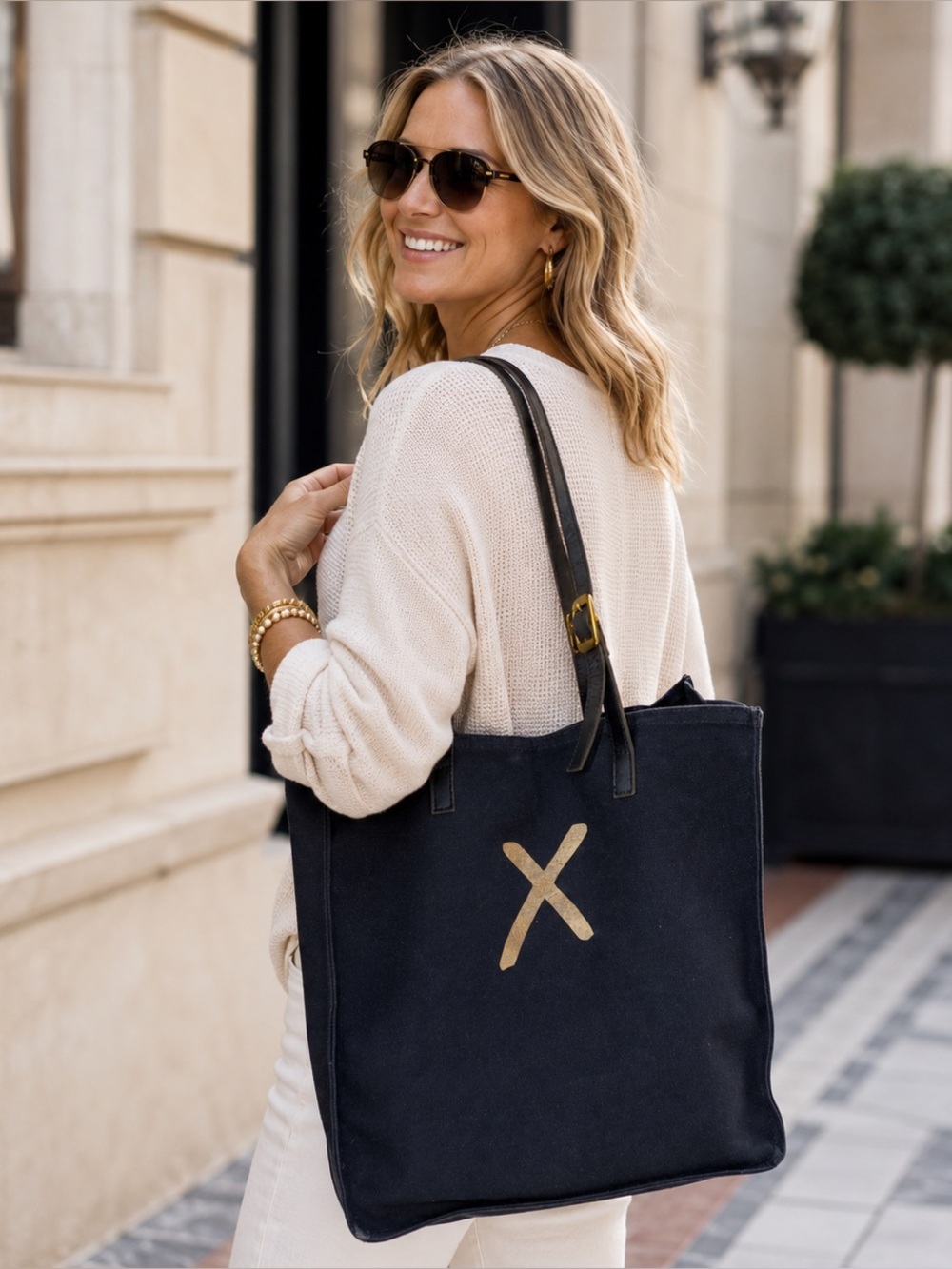 Esquivel Black X Canvas Tote with Black Leather Double Straps